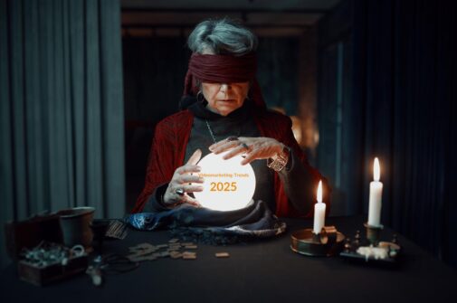 Das Bild zeigt eine ältere Frau, die in einer mystischen, schummrig beleuchteten Umgebung an einem Tisch sitzt. Sie trägt eine Augenbinde und hat ihre Hände über einer leuchtenden Kristallkugel positioniert, in der die Worte „Videomarketing-Trends 2025“ zu lesen sind. Der Tisch ist mit Accessoires wie Kerzen, Karten und kleinen Objekten dekoriert, die eine Atmosphäre von Wahrsagerei und Geheimnis schaffen. Die Szene wirkt stimmungsvoll und symbolisiert eine Vorhersage oder Zukunftsvision, insbesondere im Bereich des Videomarketings.