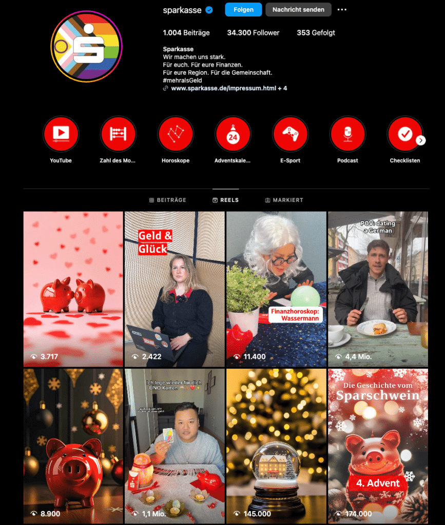 Das Bild zeigt das Instagram-Profil der Sparkasse.

Oben befindet sich das Profilbild mit dem Sparkassen-Logo in Regenbogenfarben.
Das Profil hat 1.004 Beiträge, 34.300 Follower und 353 gefolgte Accounts.
In der Bio steht: „Wir machen uns stark. Für euch. Für eure Finanzen. Für eure Region. Für die Gemeinschaft. #mehralsGeld“ sowie ein Link zur Website der Sparkasse.
Es gibt mehrere Highlight-Icons, u. a. YouTube, Zahl des Monats, Horoskope, Adventskalender, E-Sport, Podcast und Checklisten – alle mit einem einheitlichen roten Design und weißen Symbolen.
Der gezeigte Bereich ist der Reels-Bereich mit neun verschiedenen Video-Vorschaubildern:

Ein Bild mit zwei roten Sparschweinen und Herzdekorationen (3.717 Aufrufe).
Eine Frau mit Laptop, daneben der Text „Geld & Glück“ (2.422 Aufrufe).
Eine als ältere Frau verkleidete Person mit einer Kristallkugel und dem Text „Finanzhoroskop: Wassermann“ (11.400 Aufrufe).
Ein Mann im Außenbereich, Titel: „POV: Dating a German“ (4,4 Mio. Aufrufe).
Ein großes rotes Sparschwein vor einem festlichen Hintergrund (8.900 Aufrufe).
Ein Mann, der UNO-Karten hält, mit dem Text „Ich lege wieder für dich“ (1,1 Mio. Aufrufe).
Eine Schneekugel mit einem Weihnachtsbaum im Hintergrund (145.000 Aufrufe).
Ein Reels zum Thema „Die Geschichte vom Sparschwein“ mit dem Hinweis „4. Advent“ (174.000 Aufrufe).
Die Sparkasse setzt hier auf unterhaltsame, informative und saisonale Inhalte rund um Finanzen, Glück, Horoskope und kulturelle Eigenheiten, kombiniert mit humorvollen und festlichen Elementen.