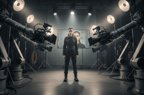 Frau in moderner Medienproduktionsumgebung zwischen KI-gesteuerten Kamerarobotern