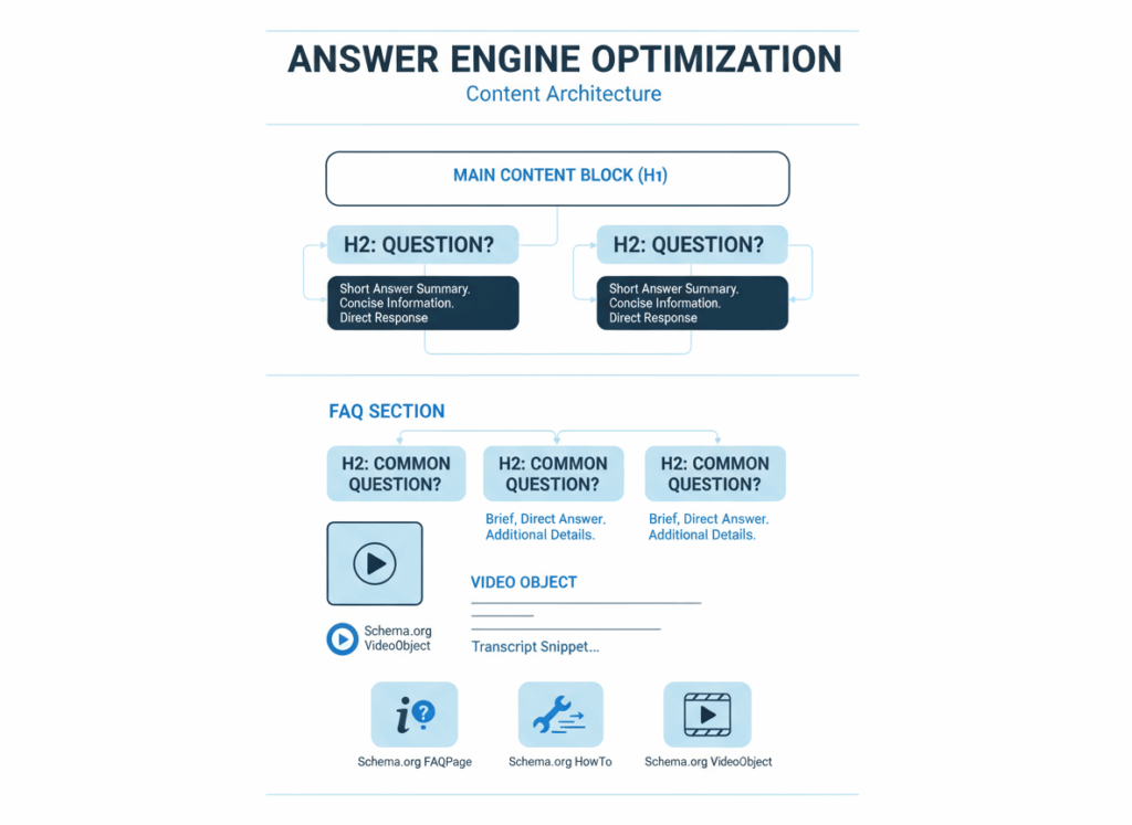 Diagramm zur Struktur von AEO-optimierten Inhalten mit Fragen, Antworten, Video und strukturierten Daten