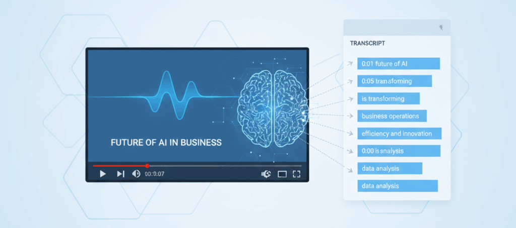 Screenshot eines YouTube-Erklärvideos mit geöffnetem Transkript als Beispiel für AEO-Optimierung