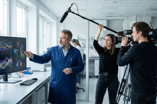 Interviewdreh im Labor – Wissenschaftlerin erklärt Forschung am Monitor